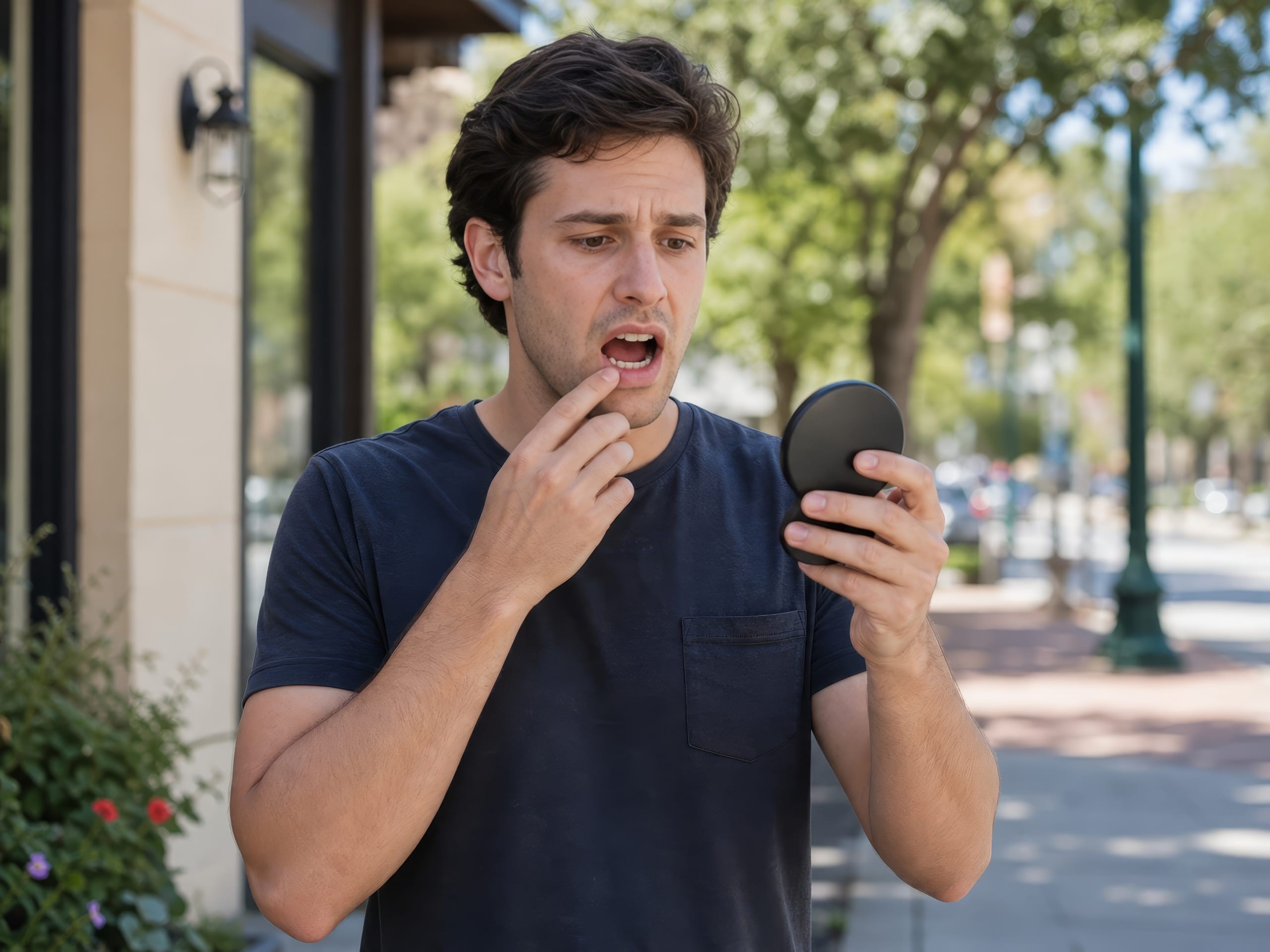 Man holding a mirror and pointing to a chipped tooth, looking concerned while standing outdoors