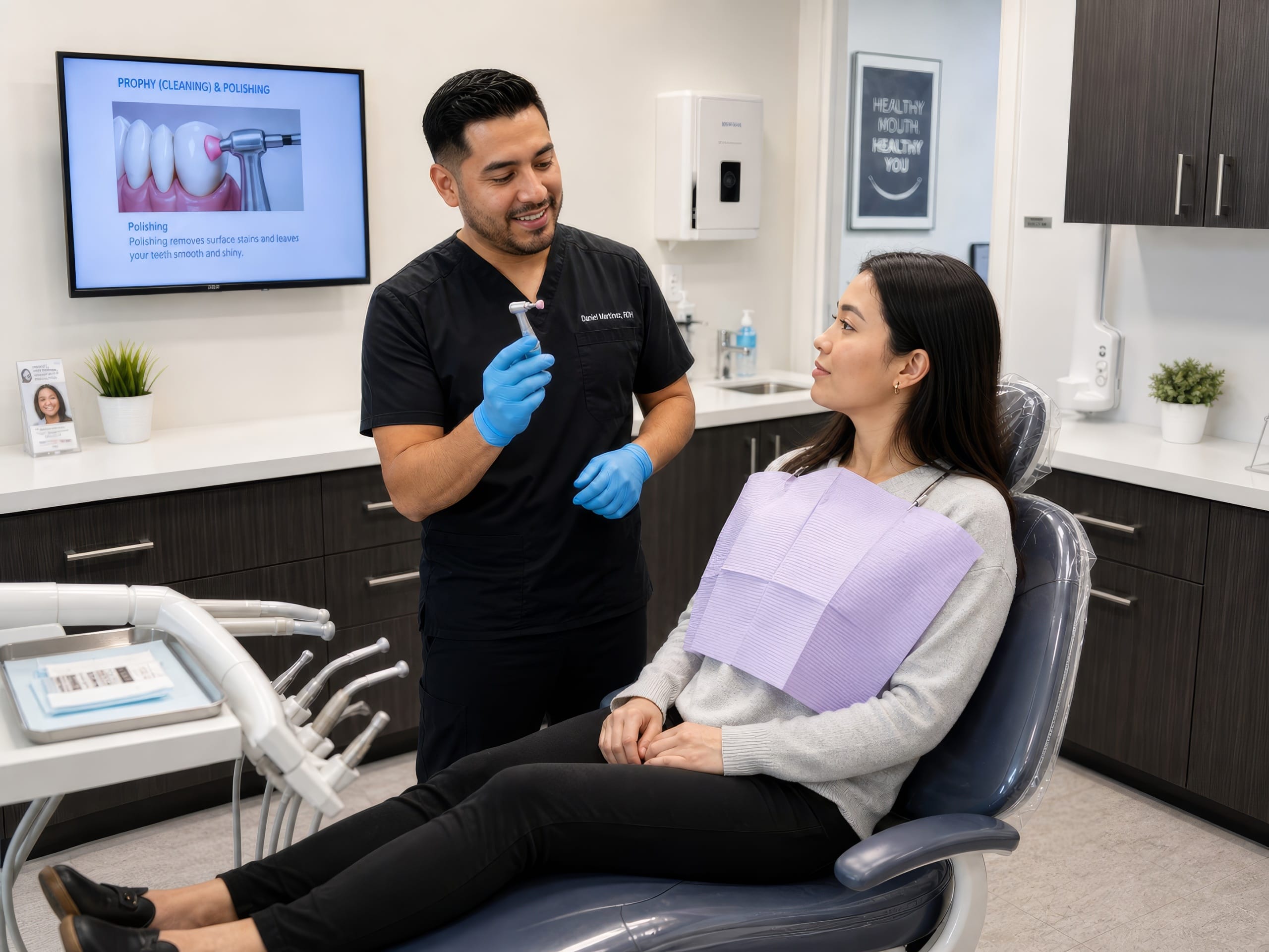 Dentist showing a polishing tool to a seated patient in a dental chair before a professional teeth cleaning