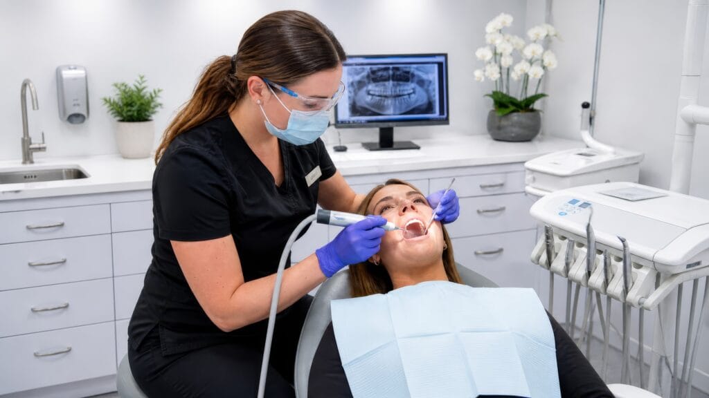 Dental hygienist using an ultrasonic scaler to clean a patient’s teeth in a modern dental clinic Ultrasonic teeth