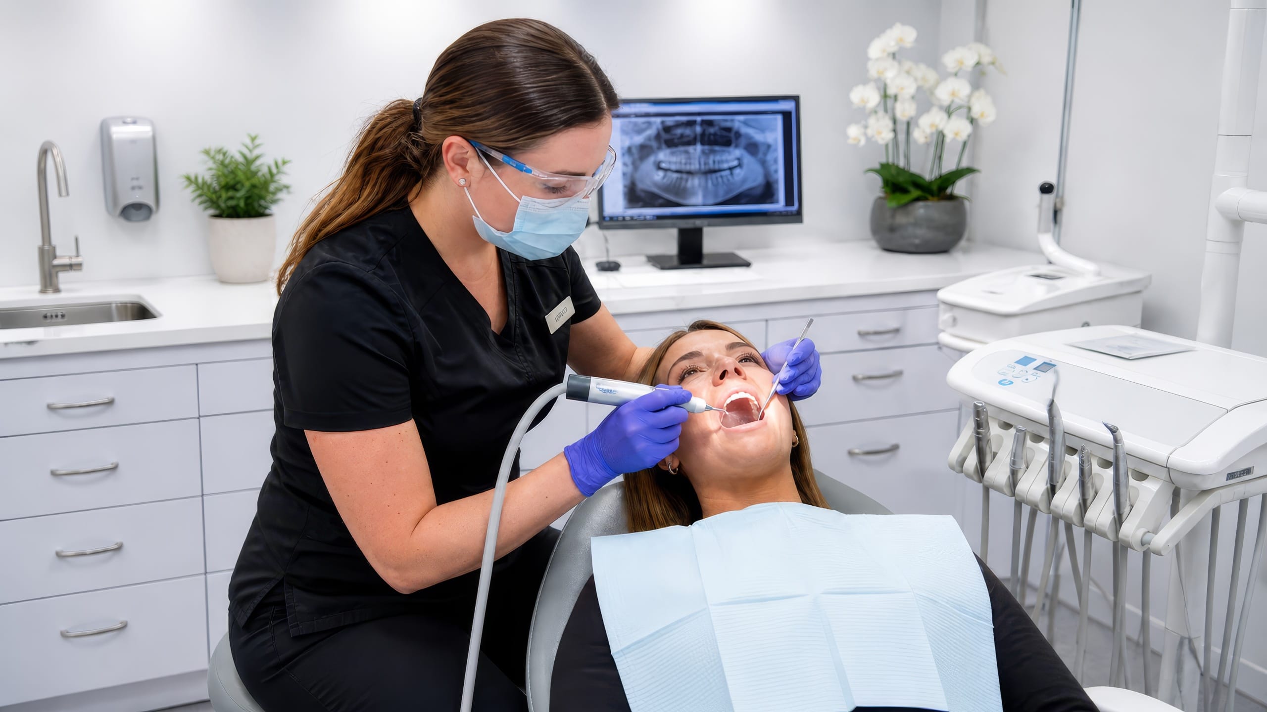 Dental hygienist using an ultrasonic scaler to clean a patient’s teeth in a modern dental clinic Ultrasonic teeth