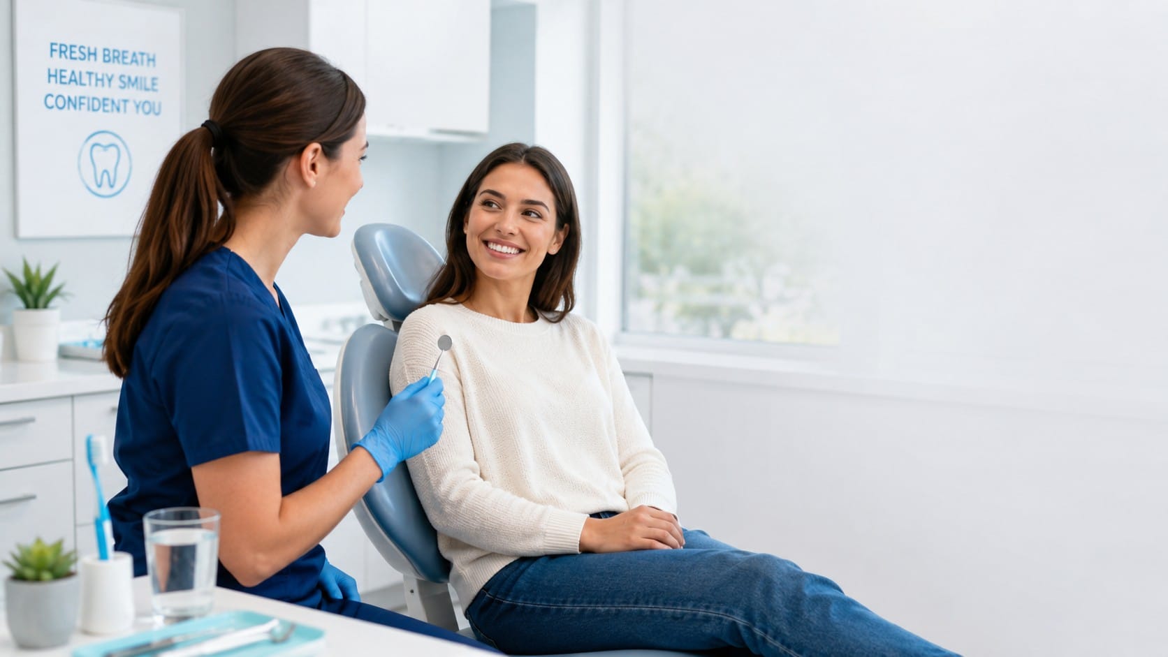 Dental hygienist discussing fresh breath and oral health with a smiling patient in a bright, modern dental office with a toothbrush and water glass nearby.