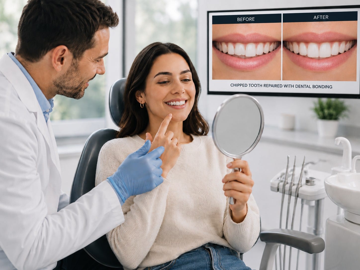 Patient smiling after dental bonding treatment for a small chipped front tooth while a dentist reviews the results in a modern dental office.