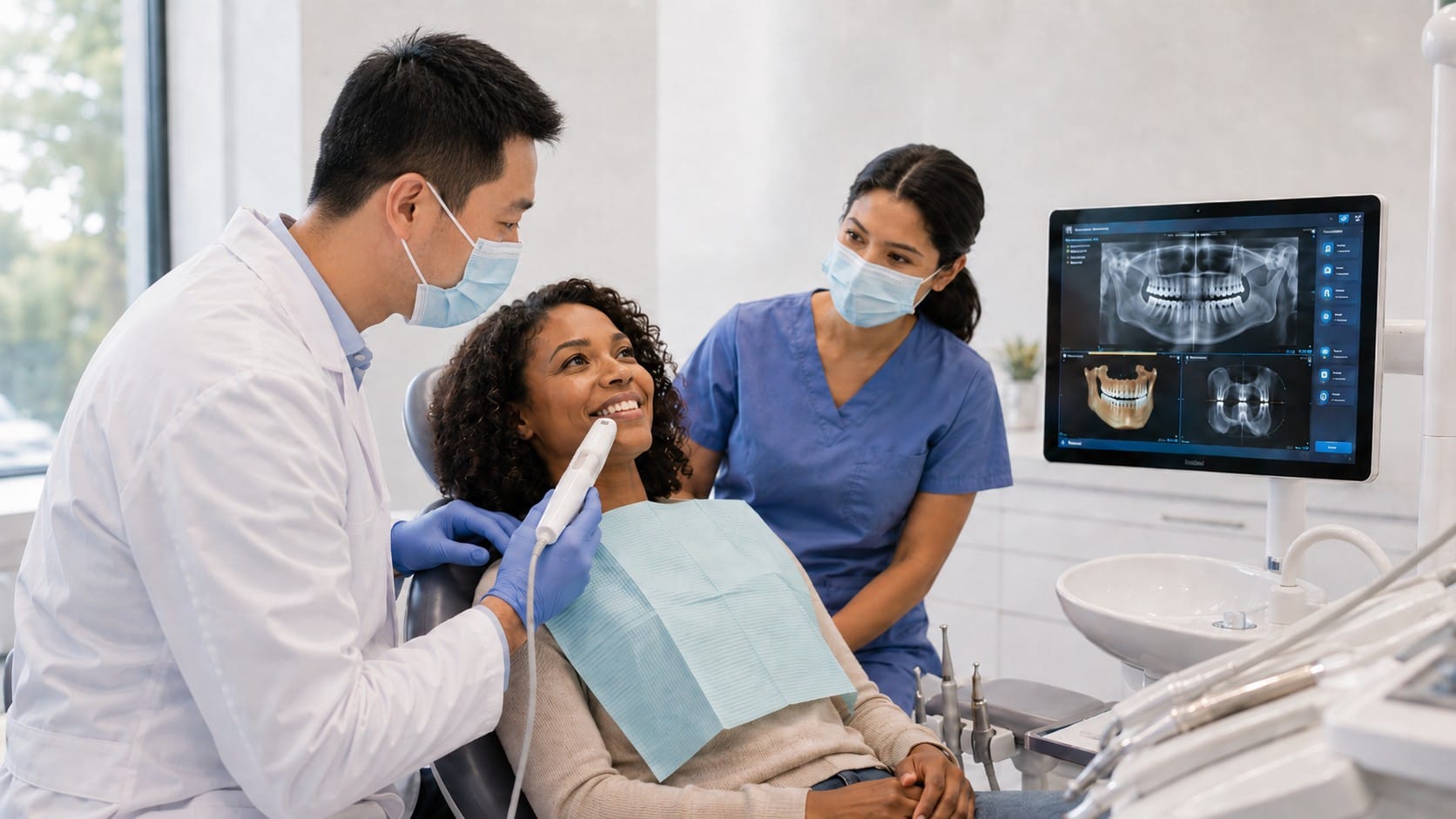 Dentist using an intraoral scanner while a smiling patient sits in a modern dental office with an assistant and dental X-rays displayed on a monitor.