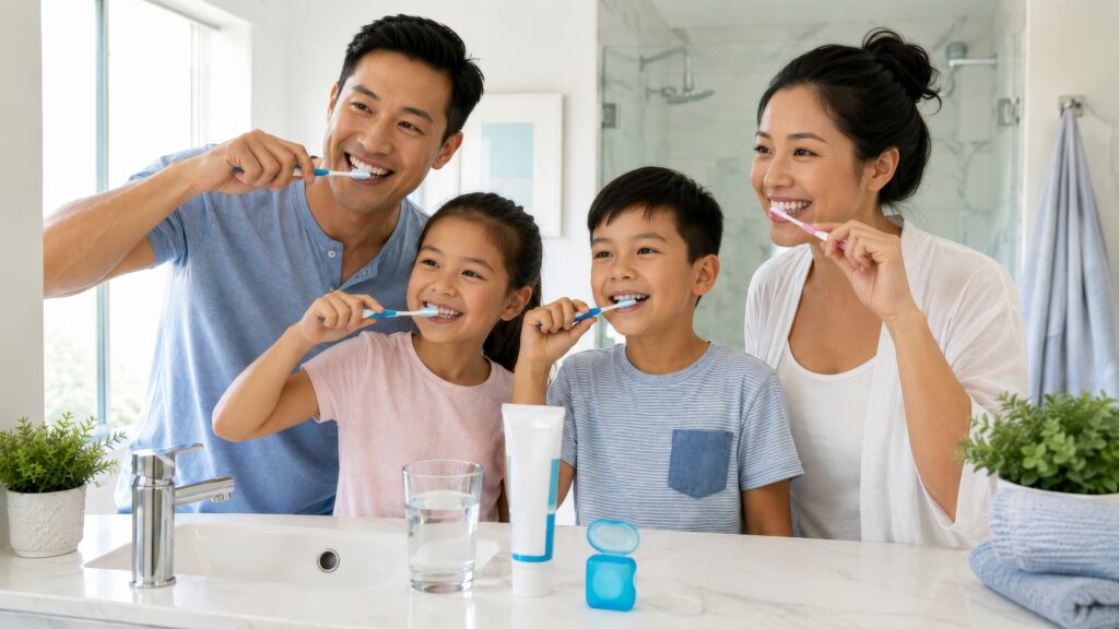 Smiling Asian family of four brushing their teeth together in a bright, modern bathroom, with a glass of water, toothpaste, floss container, sink, plants, and folded towels reinforcing healthy daily oral care.