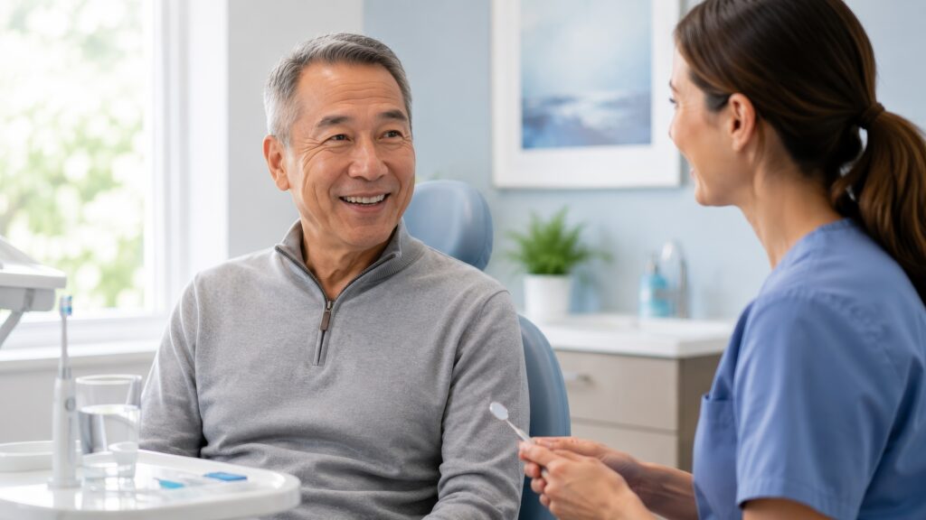 Older adult smiling while speaking with a dental professional during a visit in a bright, modern dental office.