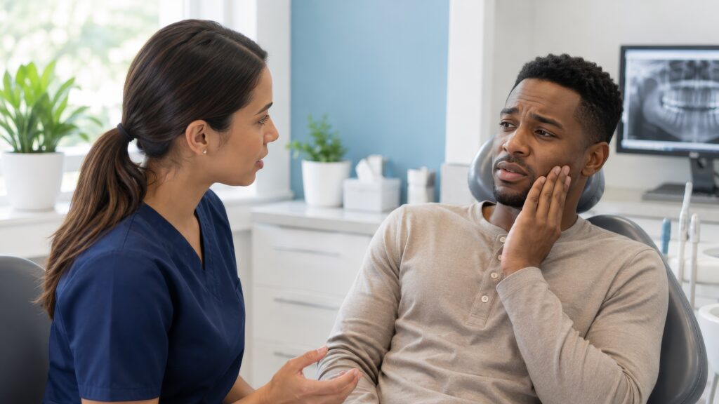 Male patient holding his jaw while speaking with a female dental professional about discomfort in a modern dental office.