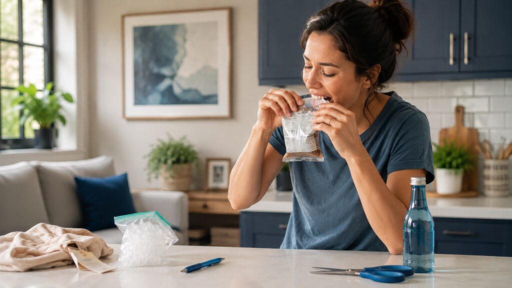 Woman using her teeth to open a plastic package in a modern kitchen while a pair of scissors sits within reach.