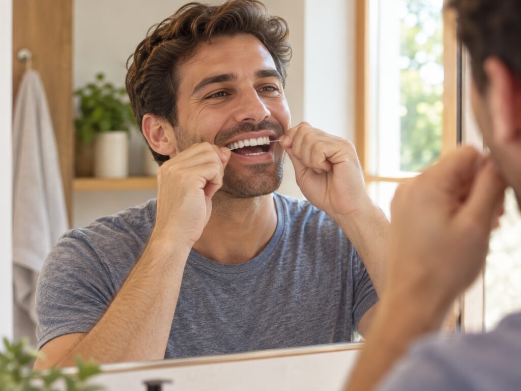 Man flossing his teeth while looking in a bathroom mirror, demonstrating a healthy daily oral hygiene routine.